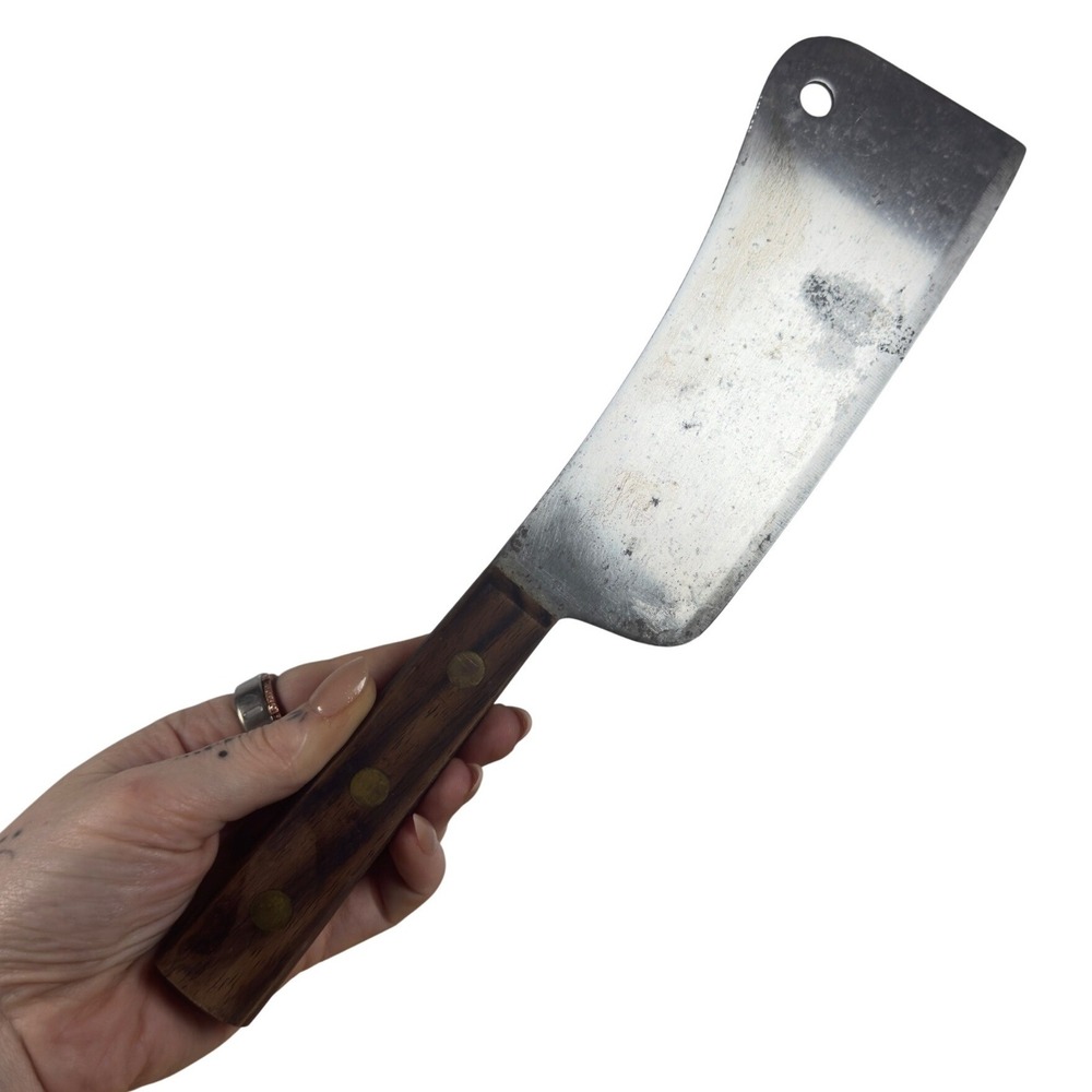 Vintage Robinson Carbon Steel Cleaver 7 inch Meat Butcher Knife Wood Handle USA